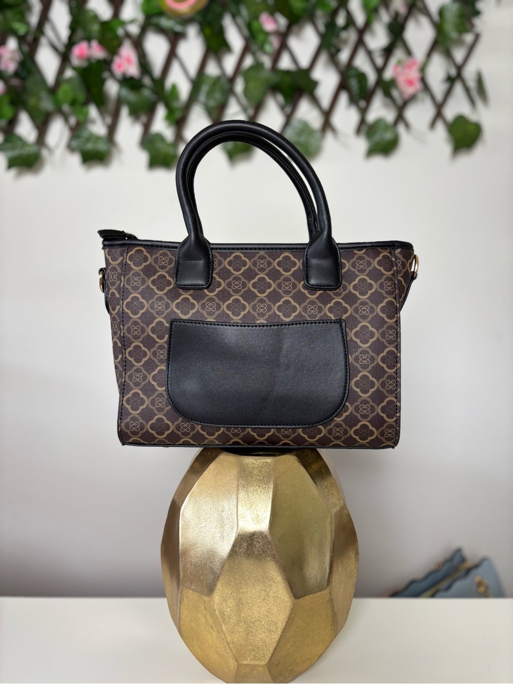 Designer-Style Brown Patterned Top-Handle Tote with Black Accents